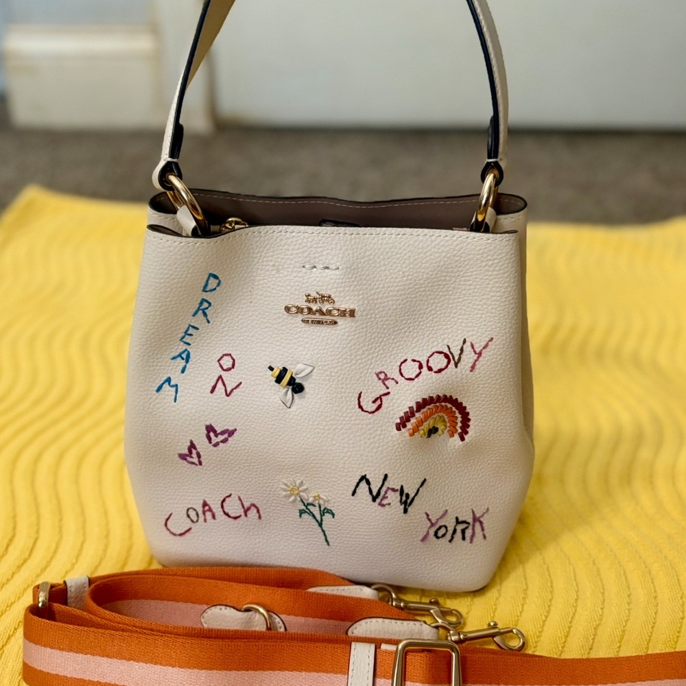 Coach White Shoulder Bag with Colorful Embroidery